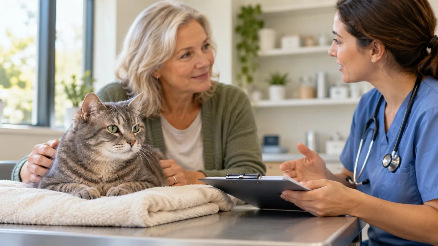 An owner discussing a cat’s care with a veterinary professional